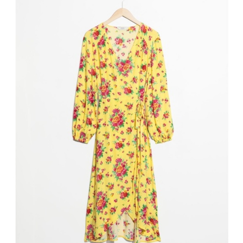 & Other Stories Paris Atelier Yellow Floral Wrap Midi Dress Long Sleeve Size US